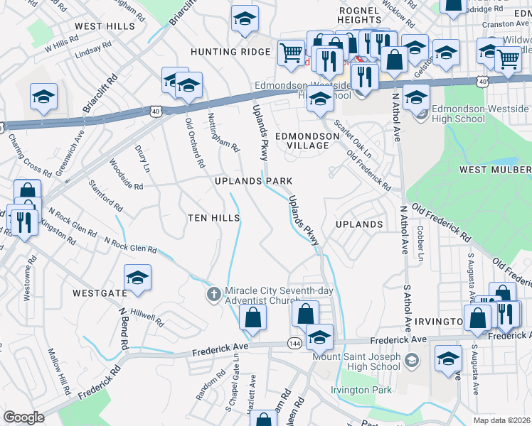 map of restaurants, bars, coffee shops, grocery stores, and more near 405 Nottingham Road in Baltimore