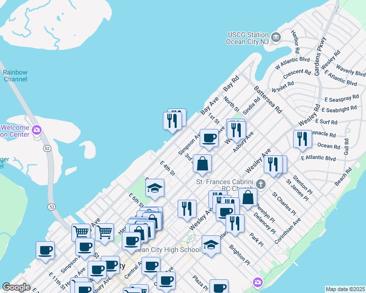 map of restaurants, bars, coffee shops, grocery stores, and more near in Ocean City