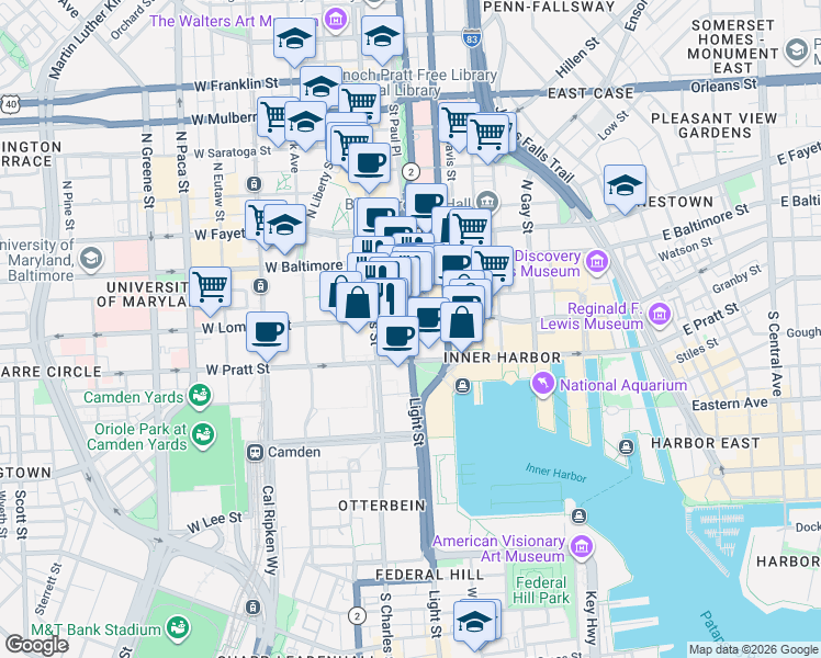 map of restaurants, bars, coffee shops, grocery stores, and more near 133 Light Street in Baltimore
