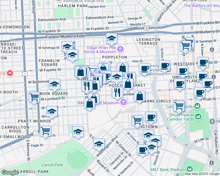 map of restaurants, bars, coffee shops, grocery stores, and more near 1025 Hollins Street in Baltimore
