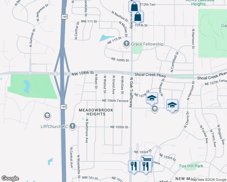 map of restaurants, bars, coffee shops, grocery stores, and more near North Grand Avenue in Kansas City