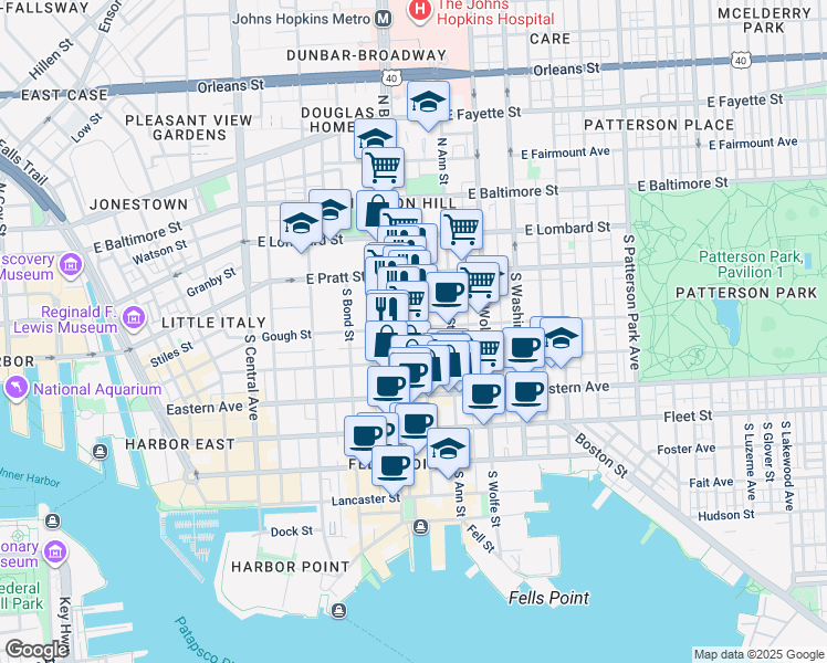 map of restaurants, bars, coffee shops, grocery stores, and more near 1703 Gough Street in Baltimore