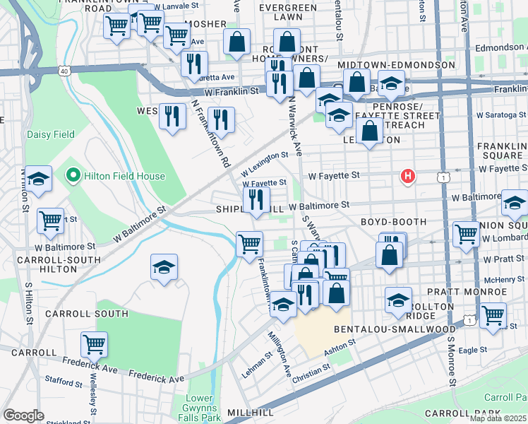 map of restaurants, bars, coffee shops, grocery stores, and more near 2567 West Baltimore Street in Baltimore