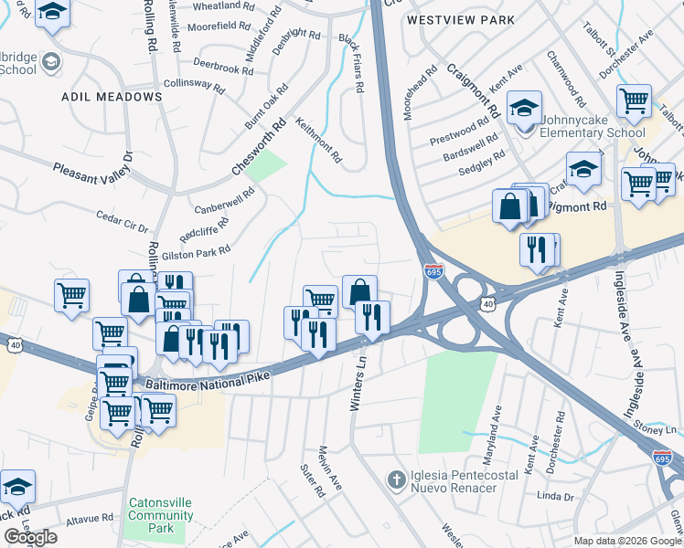 map of restaurants, bars, coffee shops, grocery stores, and more near 6016 Harristown Road in Catonsville