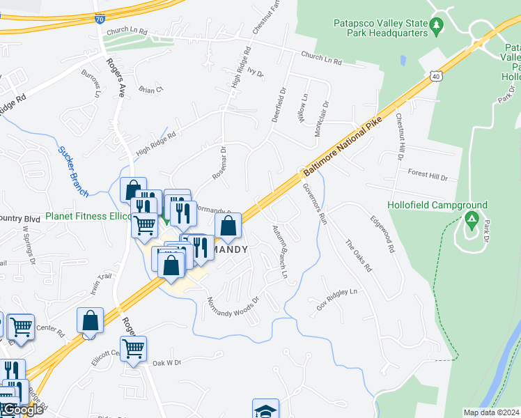 map of restaurants, bars, coffee shops, grocery stores, and more near 3000 Oak Green Circle in Ellicott City