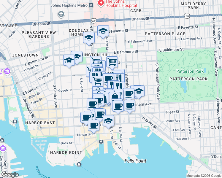 map of restaurants, bars, coffee shops, grocery stores, and more near 303 South Ann Street in Baltimore