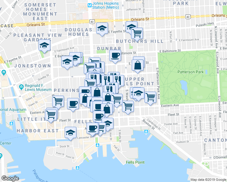map of restaurants, bars, coffee shops, grocery stores, and more near 1813 Gough St in Baltimore