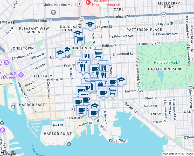 map of restaurants, bars, coffee shops, grocery stores, and more near 303 South Ann Street in Baltimore