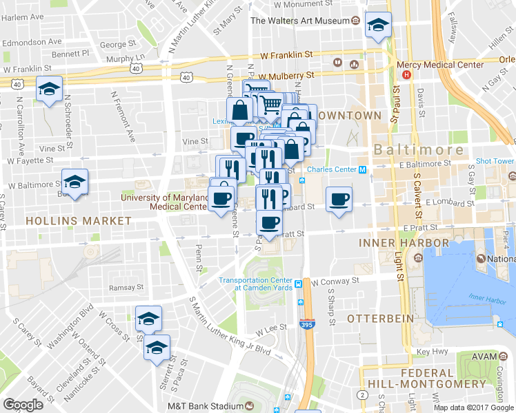 map of restaurants, bars, coffee shops, grocery stores, and more near 42 S Paca St in Baltimore