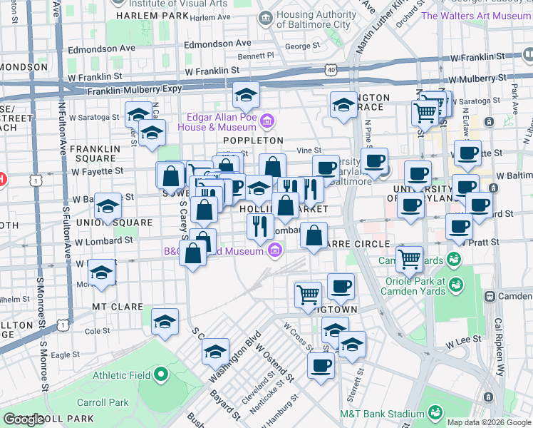 map of restaurants, bars, coffee shops, grocery stores, and more near 27 South Schroeder Street in Baltimore