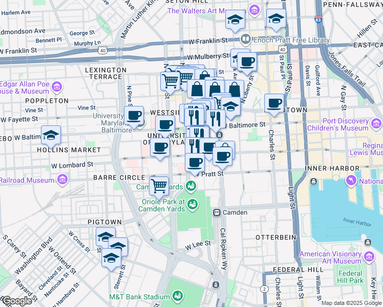 map of restaurants, bars, coffee shops, grocery stores, and more near 410 West Lombard Street in Baltimore
