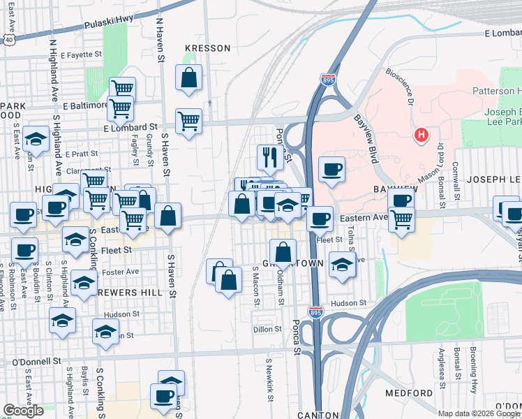map of restaurants, bars, coffee shops, grocery stores, and more near 418 South Newkirk Street in Baltimore