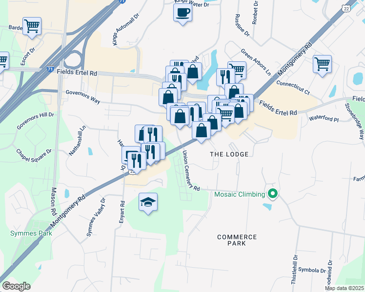 map of restaurants, bars, coffee shops, grocery stores, and more near 9201 Union Cemetery Road in Cincinnati