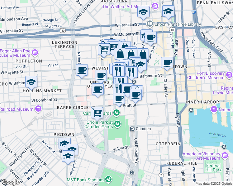 map of restaurants, bars, coffee shops, grocery stores, and more near 410 West Lombard Street in Baltimore