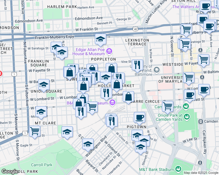map of restaurants, bars, coffee shops, grocery stores, and more near 31 South Schroeder Street in Baltimore
