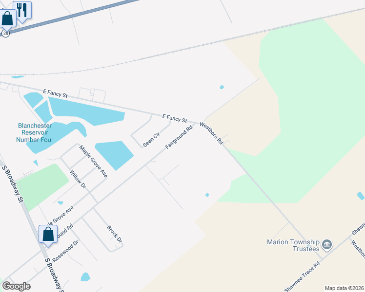 map of restaurants, bars, coffee shops, grocery stores, and more near 7259 Fairground Road in Blanchester