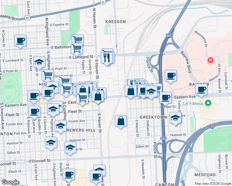 map of restaurants, bars, coffee shops, grocery stores, and more near 420 South Kresson Street in Baltimore