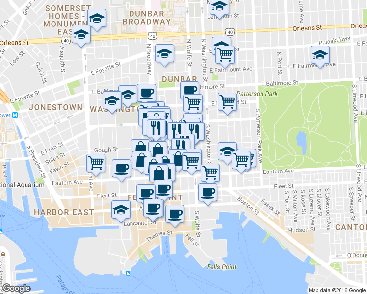 map of restaurants, bars, coffee shops, grocery stores, and more near 1805 Gough St in Baltimore
