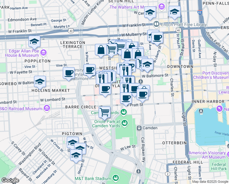 map of restaurants, bars, coffee shops, grocery stores, and more near 522 West Lombard Street in Baltimore