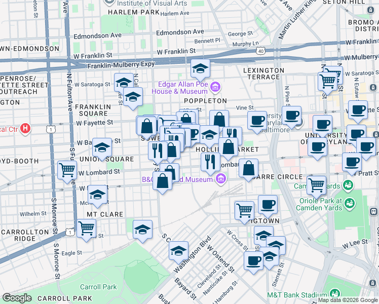map of restaurants, bars, coffee shops, grocery stores, and more near Hollins St & S Arlington Ave in Baltimore