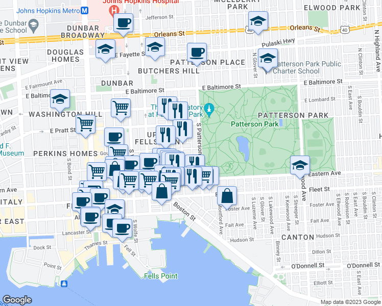 map of restaurants, bars, coffee shops, grocery stores, and more near 2223 Gough Street in Baltimore