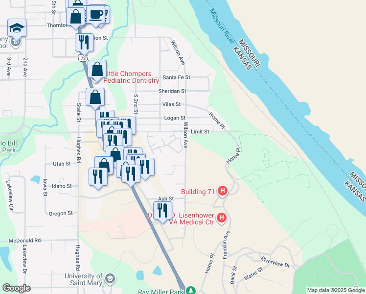 map of restaurants, bars, coffee shops, grocery stores, and more near 2944 Martin Luther King Drive in Leavenworth