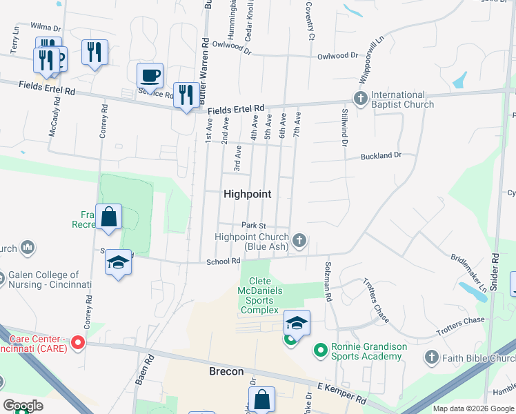 map of restaurants, bars, coffee shops, grocery stores, and more near 11999 5th Avenue in Cincinnati