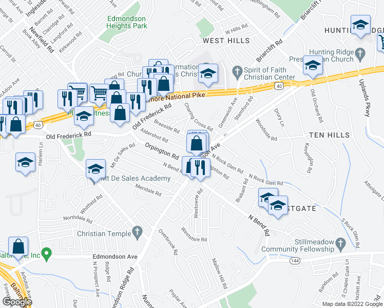 map of restaurants, bars, coffee shops, grocery stores, and more near 604 Aldershot Road in Baltimore