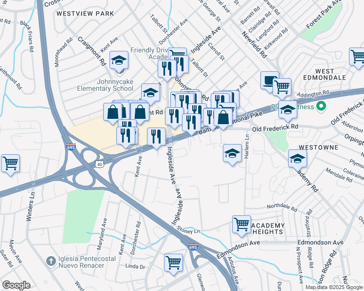 map of restaurants, bars, coffee shops, grocery stores, and more near 5657 Baltimore National Pike in Catonsville