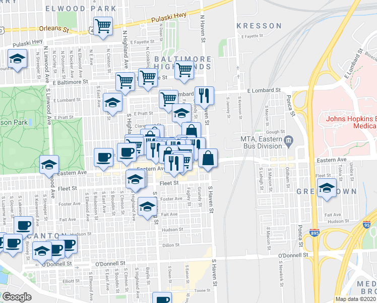 map of restaurants, bars, coffee shops, grocery stores, and more near Bank Street in Baltimore