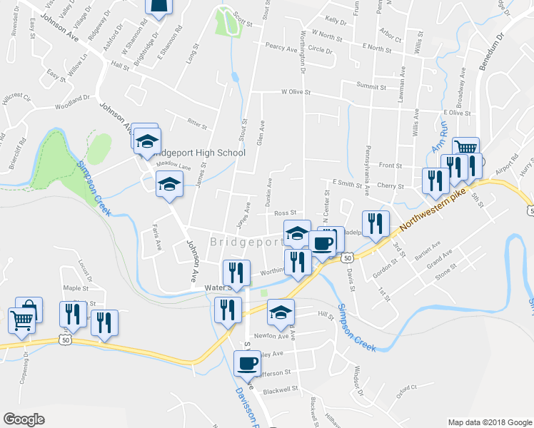 map of restaurants, bars, coffee shops, grocery stores, and more near 398 Dunkin Avenue in Bridgeport