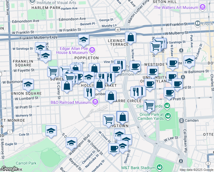 map of restaurants, bars, coffee shops, grocery stores, and more near 20 Parkin Street in Baltimore