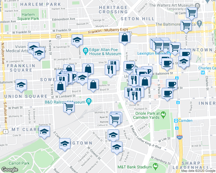 map of restaurants, bars, coffee shops, grocery stores, and more near 837 Hollins Street in Baltimore
