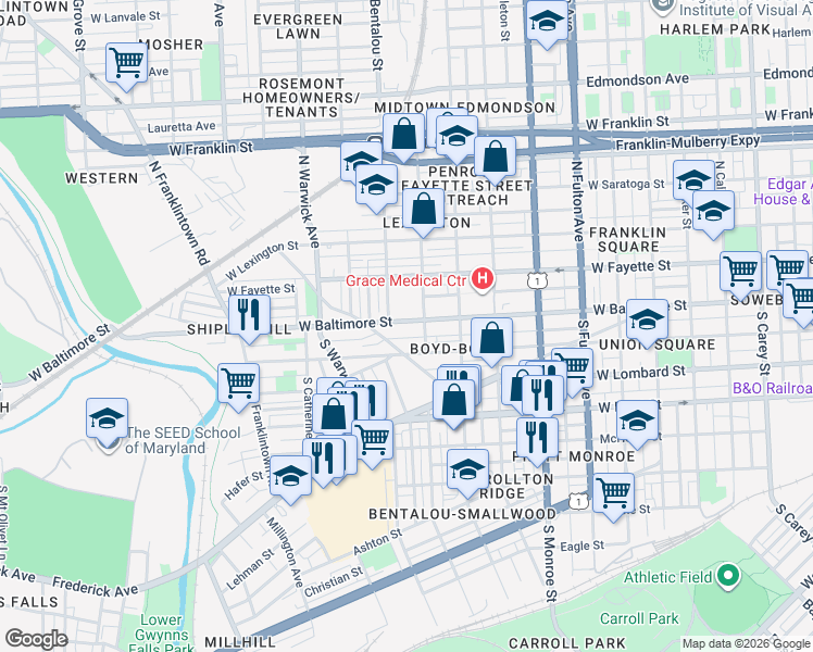map of restaurants, bars, coffee shops, grocery stores, and more near 2223 West Baltimore Street in Baltimore