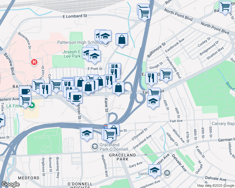 map of restaurants, bars, coffee shops, grocery stores, and more near 6571 Eastern Avenue in Baltimore