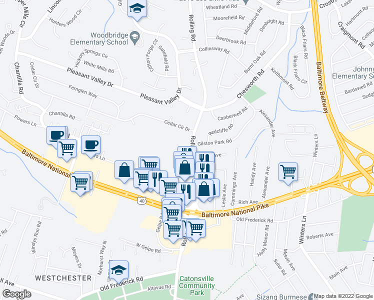 map of restaurants, bars, coffee shops, grocery stores, and more near 1200 N Rolling Rd in Catonsville