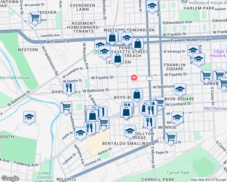 map of restaurants, bars, coffee shops, grocery stores, and more near 2219 West Baltimore Street in Baltimore