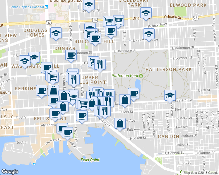 map of restaurants, bars, coffee shops, grocery stores, and more near 2233 Gough Street in Baltimore