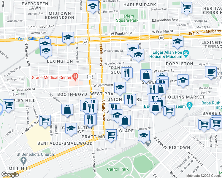 map of restaurants, bars, coffee shops, grocery stores, and more near 1706 Frederick Avenue in Baltimore