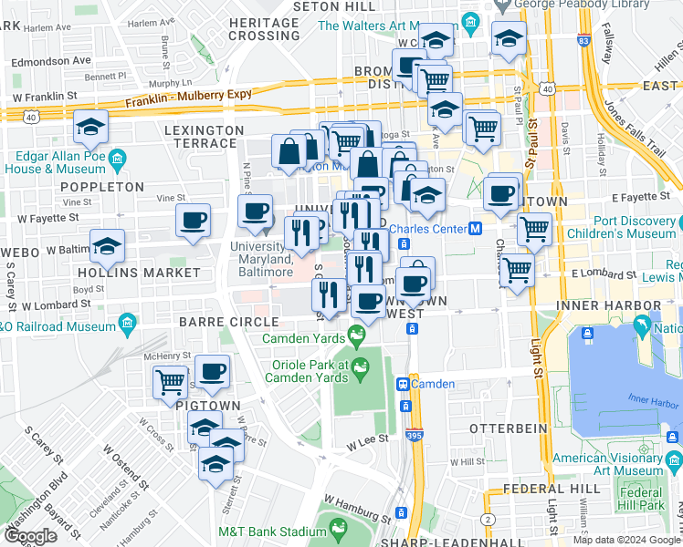 map of restaurants, bars, coffee shops, grocery stores, and more near 36 South Paca Street in Baltimore