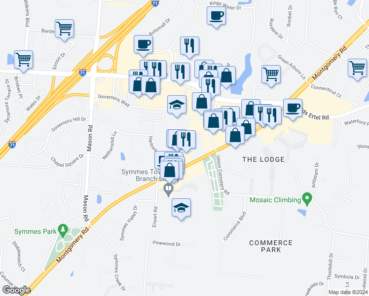 map of restaurants, bars, coffee shops, grocery stores, and more near 9168 Dominion Circle in Cincinnati