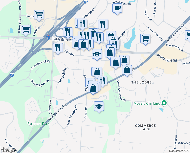 map of restaurants, bars, coffee shops, grocery stores, and more near 9108 Dominion Circle in Cincinnati