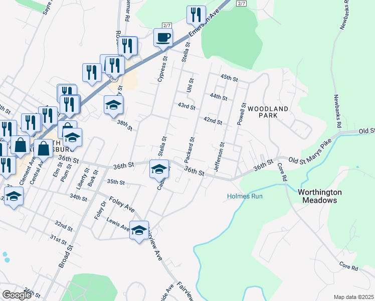 map of restaurants, bars, coffee shops, grocery stores, and more near 2217 Packard Court in Parkersburg