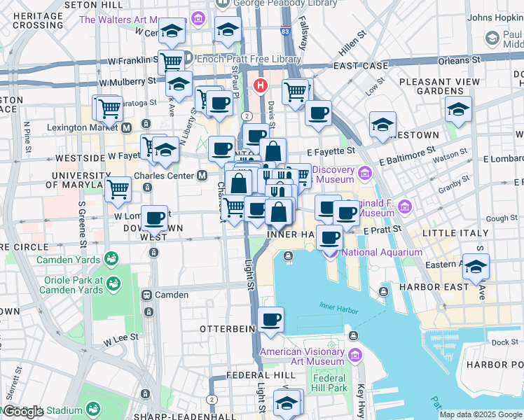 map of restaurants, bars, coffee shops, grocery stores, and more near 114 East Lombard Street in Baltimore