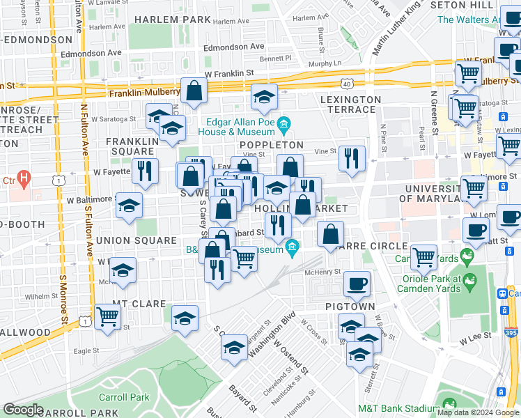 map of restaurants, bars, coffee shops, grocery stores, and more near 1028 Hollins Street in Baltimore