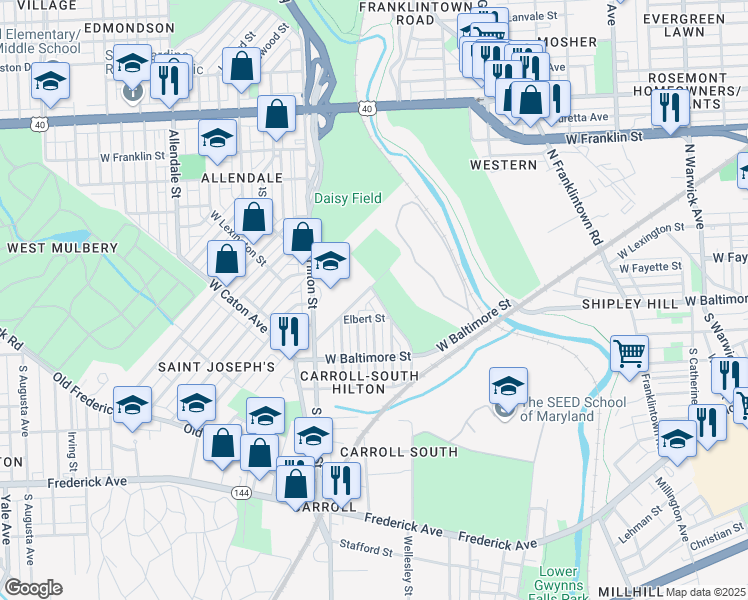 map of restaurants, bars, coffee shops, grocery stores, and more near 124 North Mount Olivet Lane in Baltimore