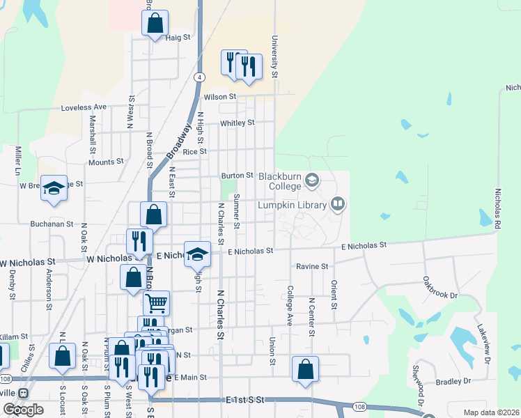 map of restaurants, bars, coffee shops, grocery stores, and more near 732 Johnson Street in Carlinville