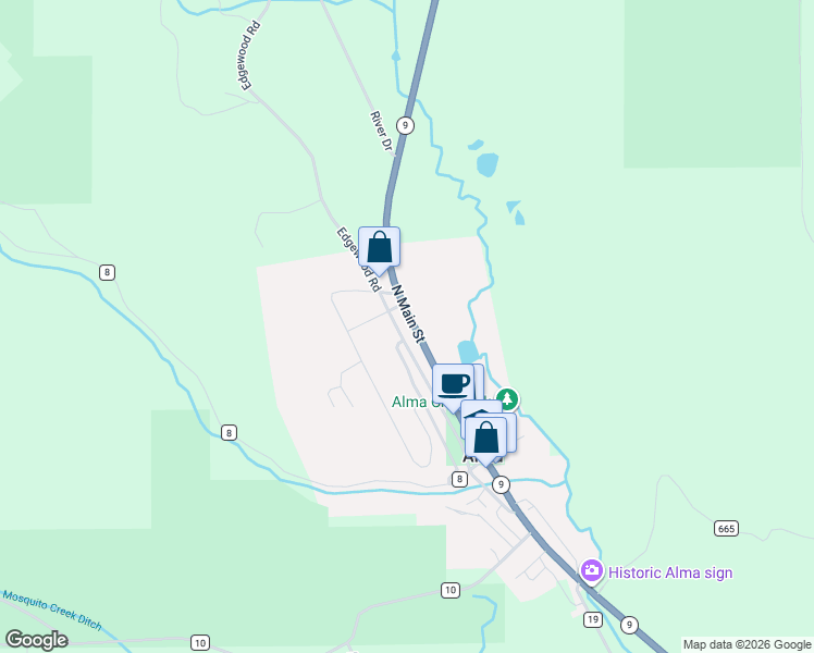 map of restaurants, bars, coffee shops, grocery stores, and more near 495 North Pine Street in Alma