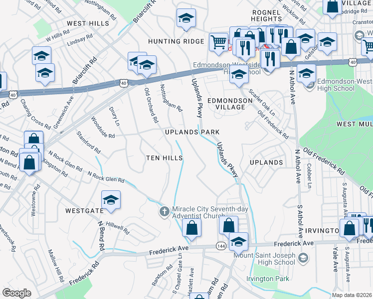 map of restaurants, bars, coffee shops, grocery stores, and more near 414 Nottingham Road in Baltimore