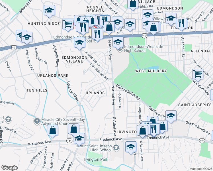 map of restaurants, bars, coffee shops, grocery stores, and more near 99 Upmanor Road in Baltimore